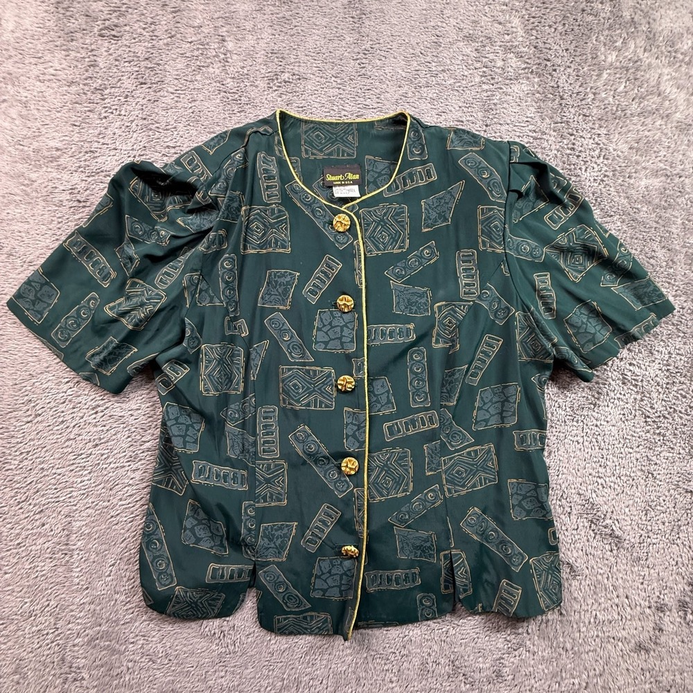 Stuart Alan Womens 16 Vintage 80s Button Up Blouse Green Gold Geometric Print